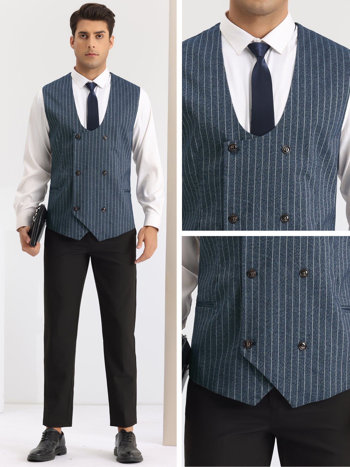 Bublédon Striped Waistcoat for Men's Slim Fit Double Breasted Formal Dress Suit Vests