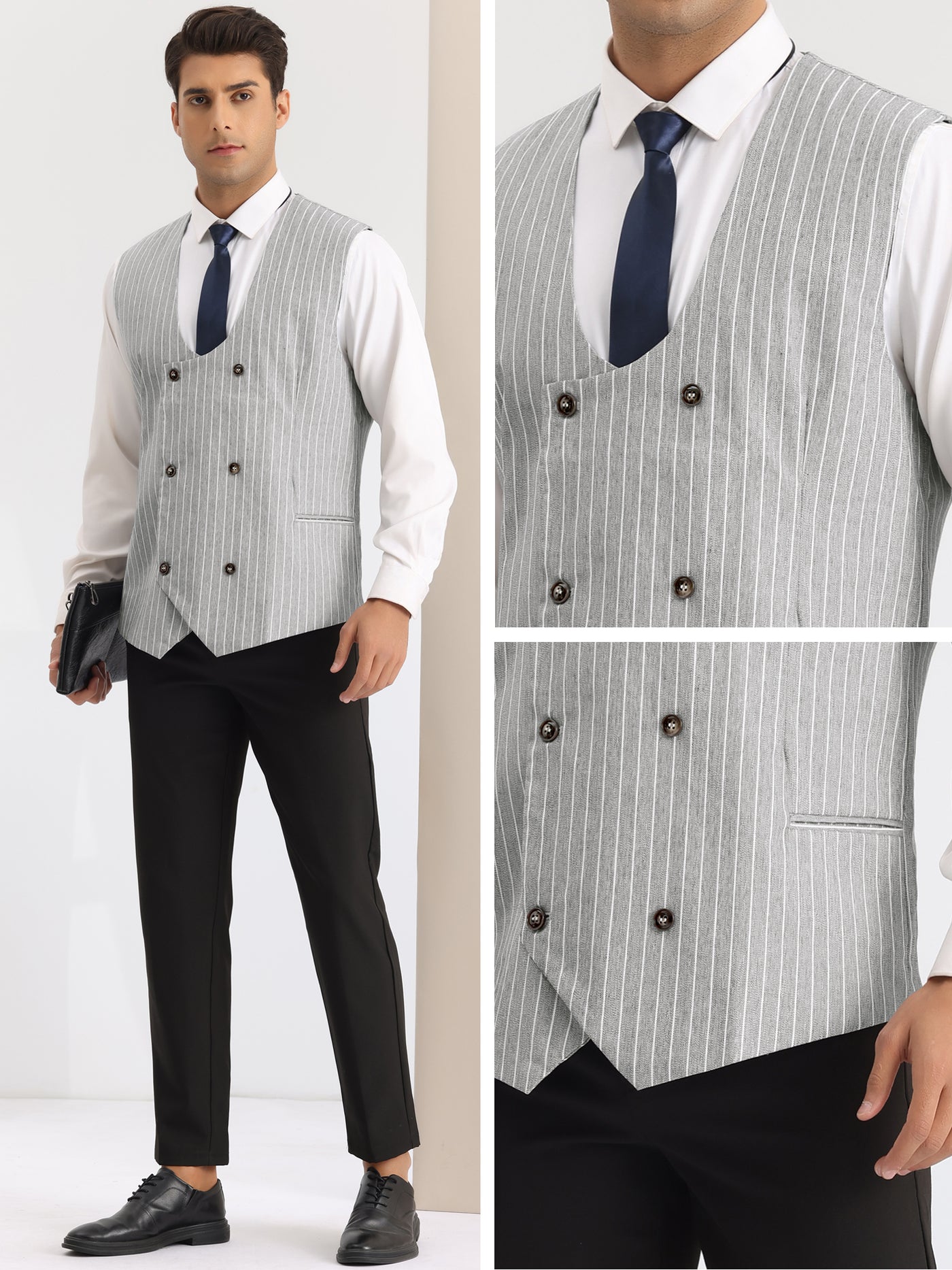Bublédon Striped Waistcoat for Men's Slim Fit Double Breasted Formal Dress Suit Vests