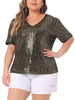 Plus Size Sequin Sparkly V Neck Short Sleeve Party Tops Blouses
