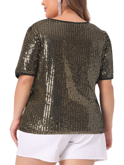 Plus Size Sequin Sparkly V Neck Short Sleeve Party Tops Blouses