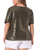 Plus Size Sequin Sparkly V Neck Short Sleeve Party Tops Blouses