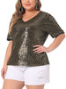 Plus Size Sequin Sparkly V Neck Short Sleeve Party Tops Blouses