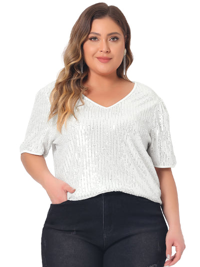 Plus Size Sequin Sparkly V Neck Short Sleeve Party Tops Blouses