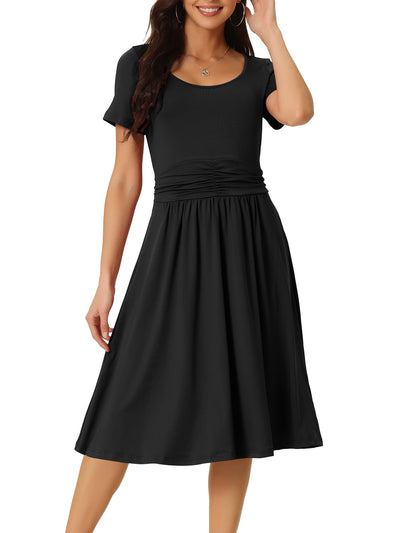 Women's Casual Knit with Pockets Scoop Neck Short Sleeve Ruched Midi A-Line Dress