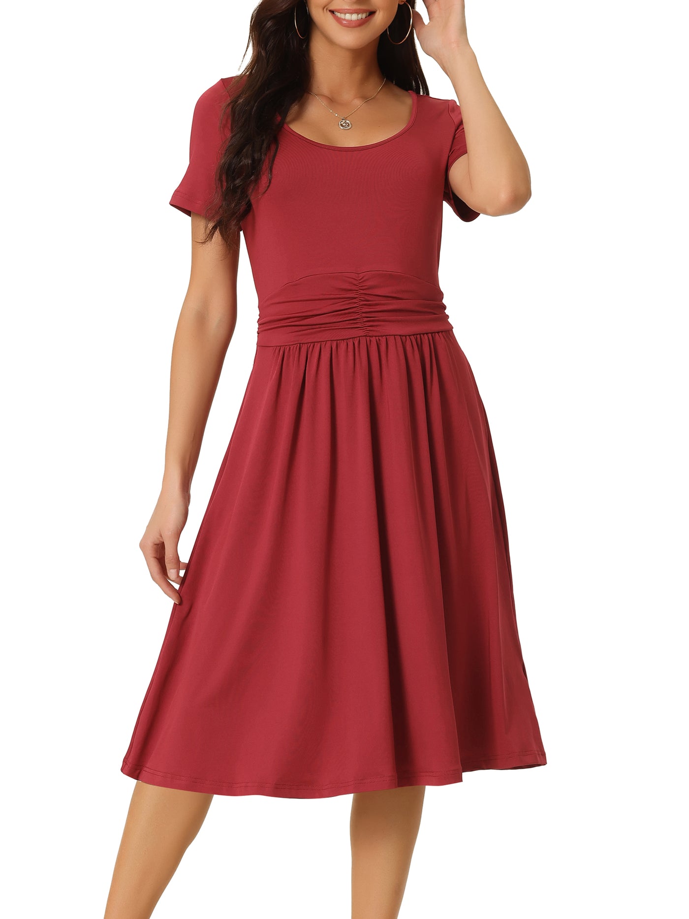 Bublédon Women's Casual Knit with Pockets Scoop Neck Short Sleeve Ruched Midi A-Line Dress