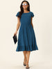 Casual Flutter Short Sleeve Crew Neck Ruffle Hem Midi Dress with Pockets