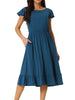 Casual Flutter Short Sleeve Crew Neck Ruffle Hem Midi Dress with Pockets