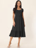 Casual Tiered Round Neck Ruffle Hem Short Cap Sleeve Knit Midi Dress with Pockets