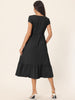 Casual Tiered Round Neck Ruffle Hem Short Cap Sleeve Knit Midi Dress with Pockets