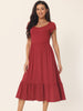 Casual Tiered Round Neck Ruffle Hem Short Cap Sleeve Knit Midi Dress with Pockets