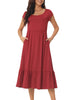 Casual Tiered Round Neck Ruffle Hem Short Cap Sleeve Knit Midi Dress with Pockets