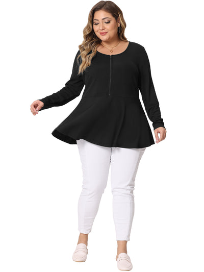 Bublédon Plus Size Half Zip Up Low Cut Ruffle Loose Casual Solid Blouse