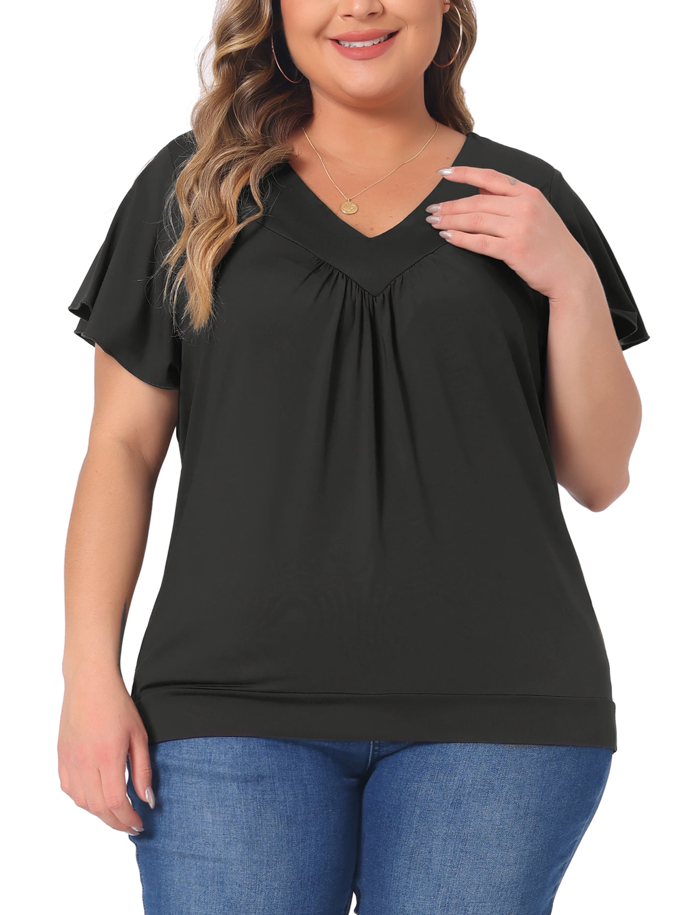 Bublédon Plus Size Top for Women V Neck Ruffle Short Sleeve T Shirt Summer Tee Tops