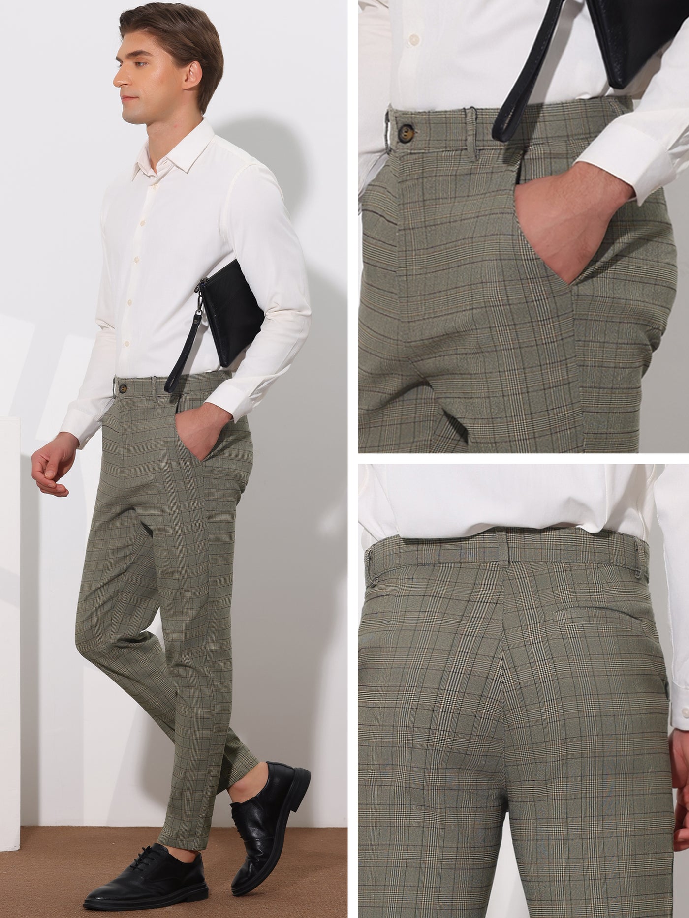 Bublédon Plaid Pants for Men's Flat Front Contrasting Colors Plaids Pattern Business Trousers