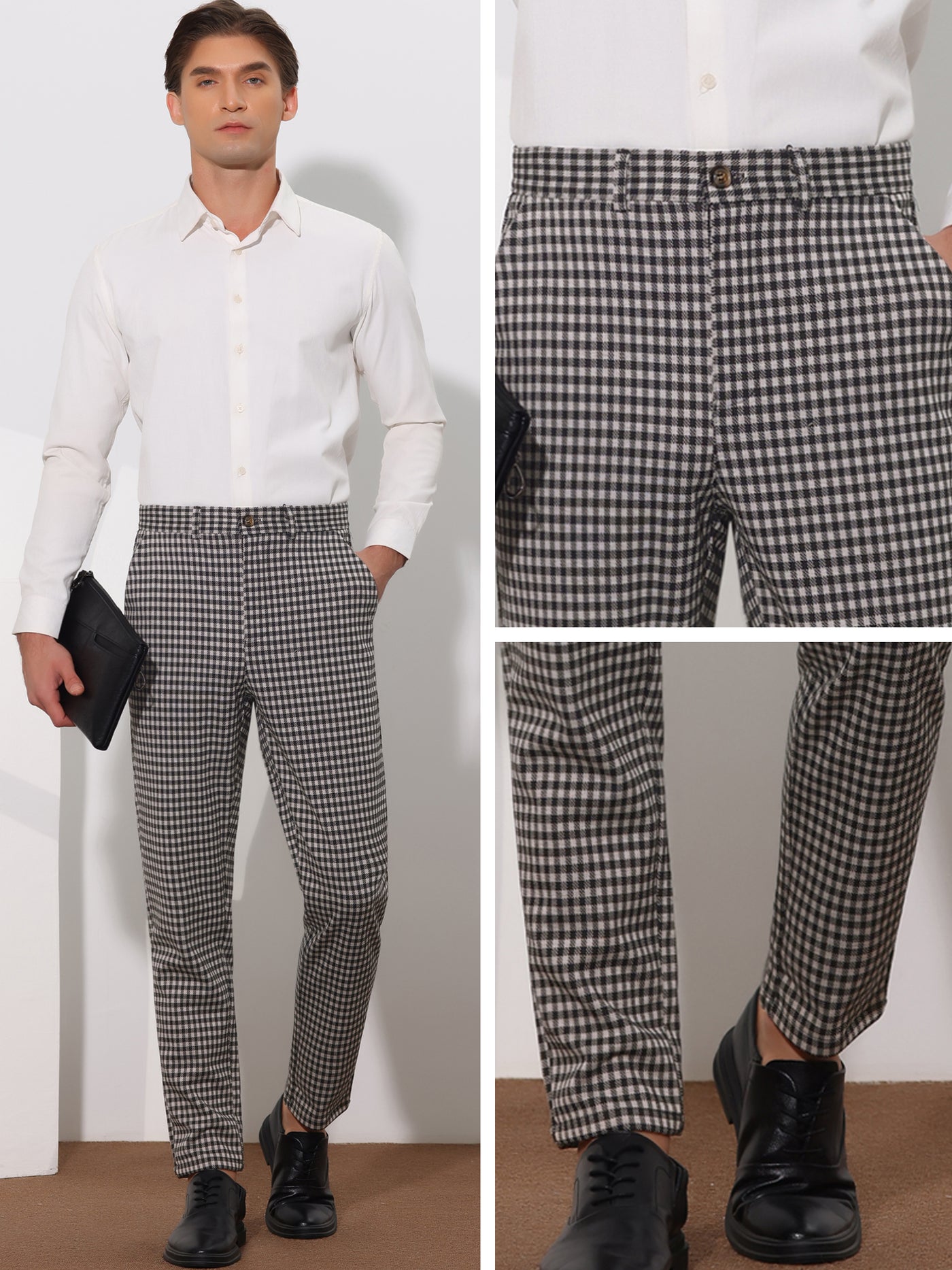 Bublédon Houndstooth Dress Pants for Men's Classic Straight Leg Business Plaid Trousers