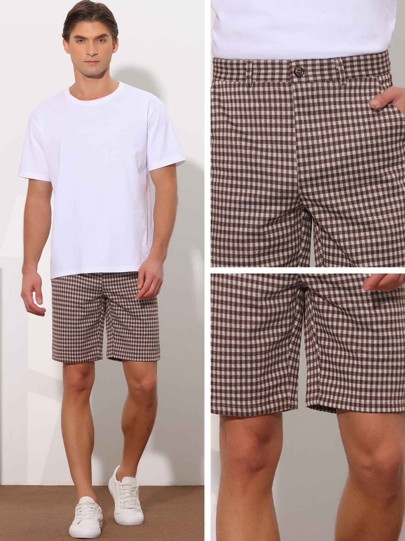 Bublédon Men's Straight Leg Flat Front Plaid Print Chino Shorts