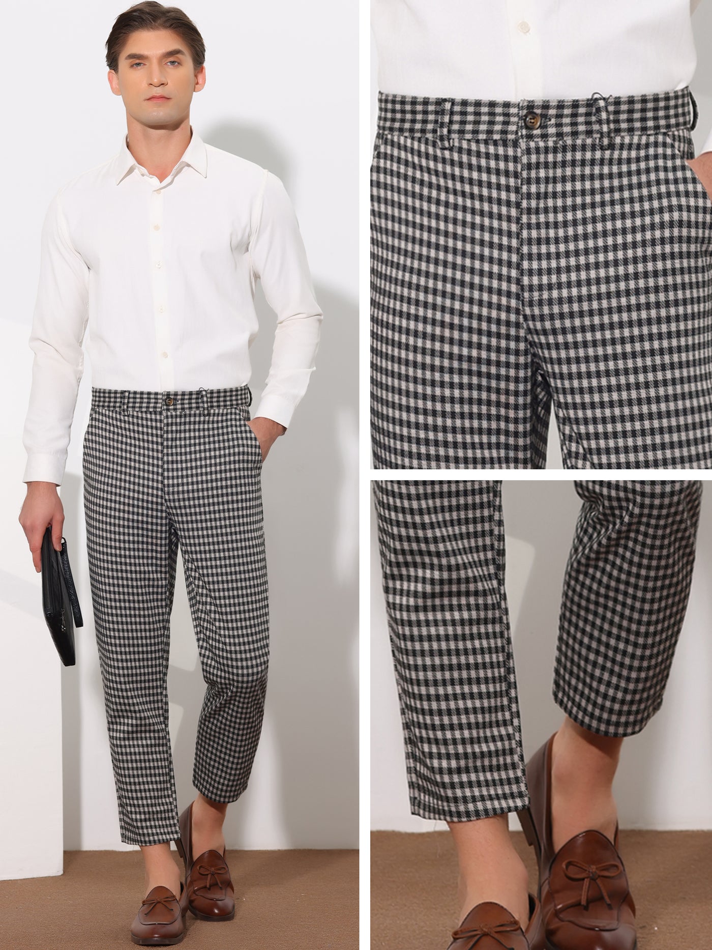 Bublédon Plaid Dress Pants for Men's Flat Front Contrasting Colors Irregular Pattern Trousers