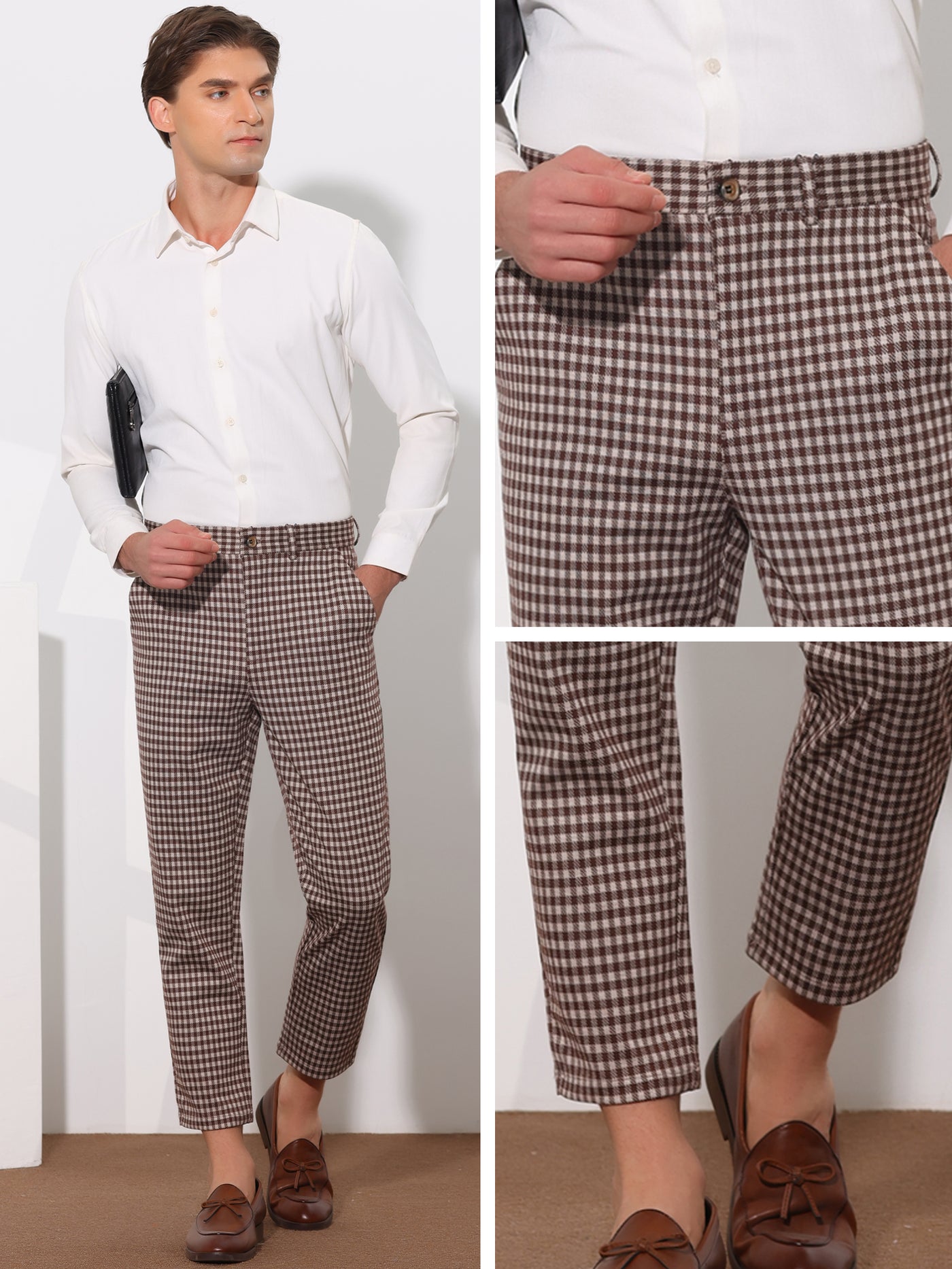 Bublédon Plaid Dress Pants for Men's Flat Front Contrasting Colors Irregular Pattern Trousers