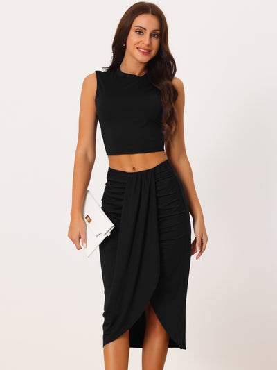 2Pcs Sleeveless Summer Crop Top and Side Split Draped Ruched Skirt Set
