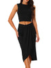 2Pcs Sleeveless Summer Crop Top and Side Split Draped Ruched Skirt Set
