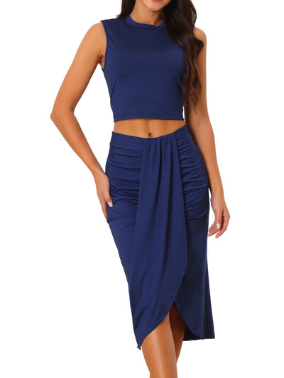 2Pcs Sleeveless Summer Crop Top and Side Split Draped Ruched Skirt Set