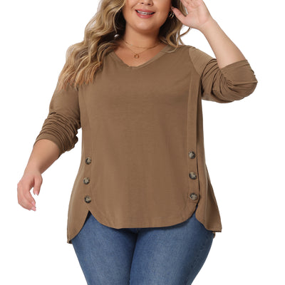 Plus Size Long Sleeve V Neck Loose Button Blouses Tunic