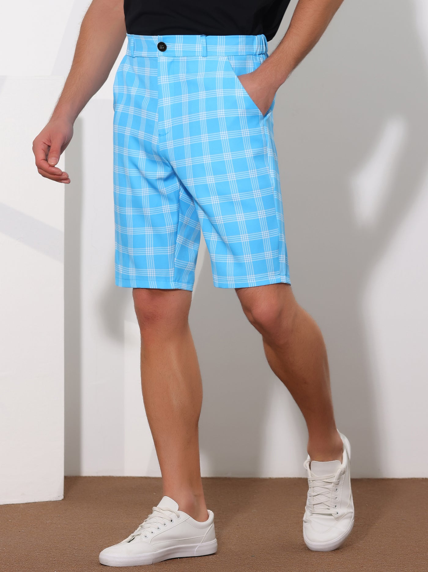 Bublédon Plaid Flat Front Color Block Checked Shorts with Pockets