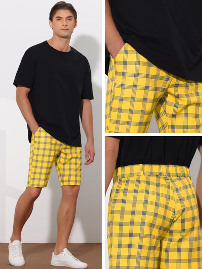 Plaid Flat Front Color Block Checked Shorts with Pockets