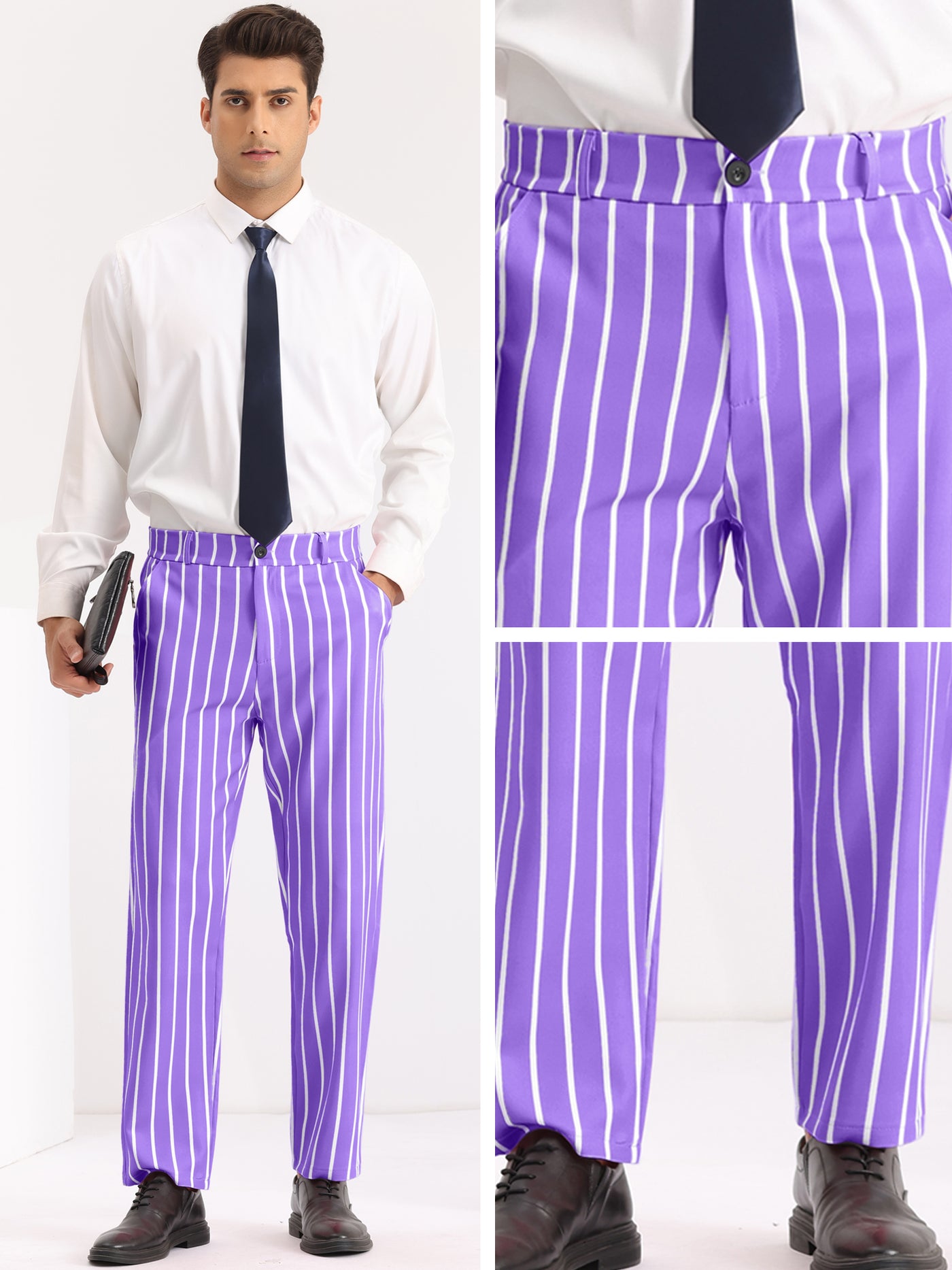 Bublédon Striped Slacks Flat Front Stripes Printed Business Formal Trouser Pants