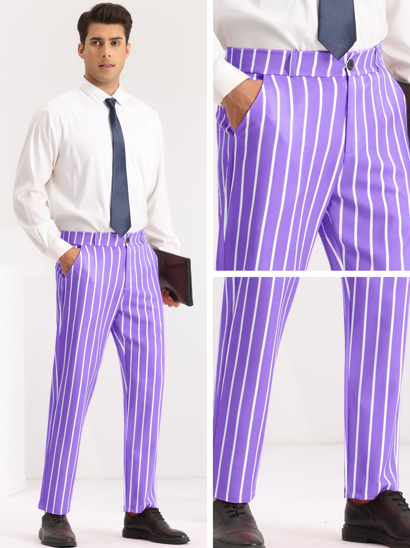 Bublédon Striped Slacks Flat Front Stripes Printed Business Formal Trouser Pants