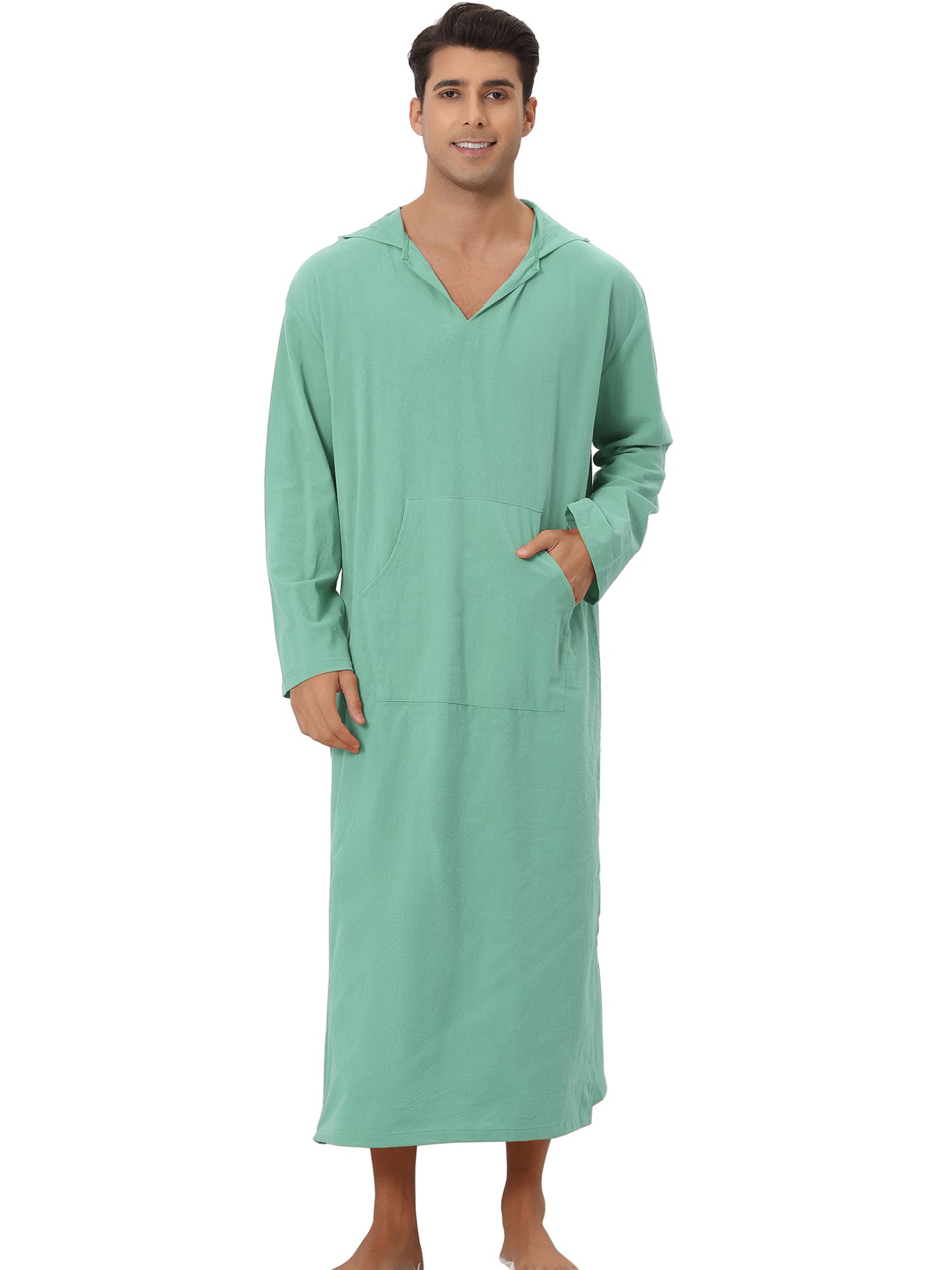 Bublédon Hoodie Nightshirt Solid Color Side Split V Neck Hooded Long Night Gown