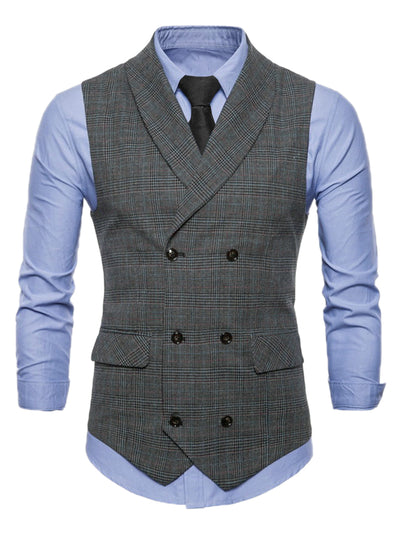 Plaid Waistcoat for Men's Slim Fit Shawl Lapel Double Breasted Business Suit Vest