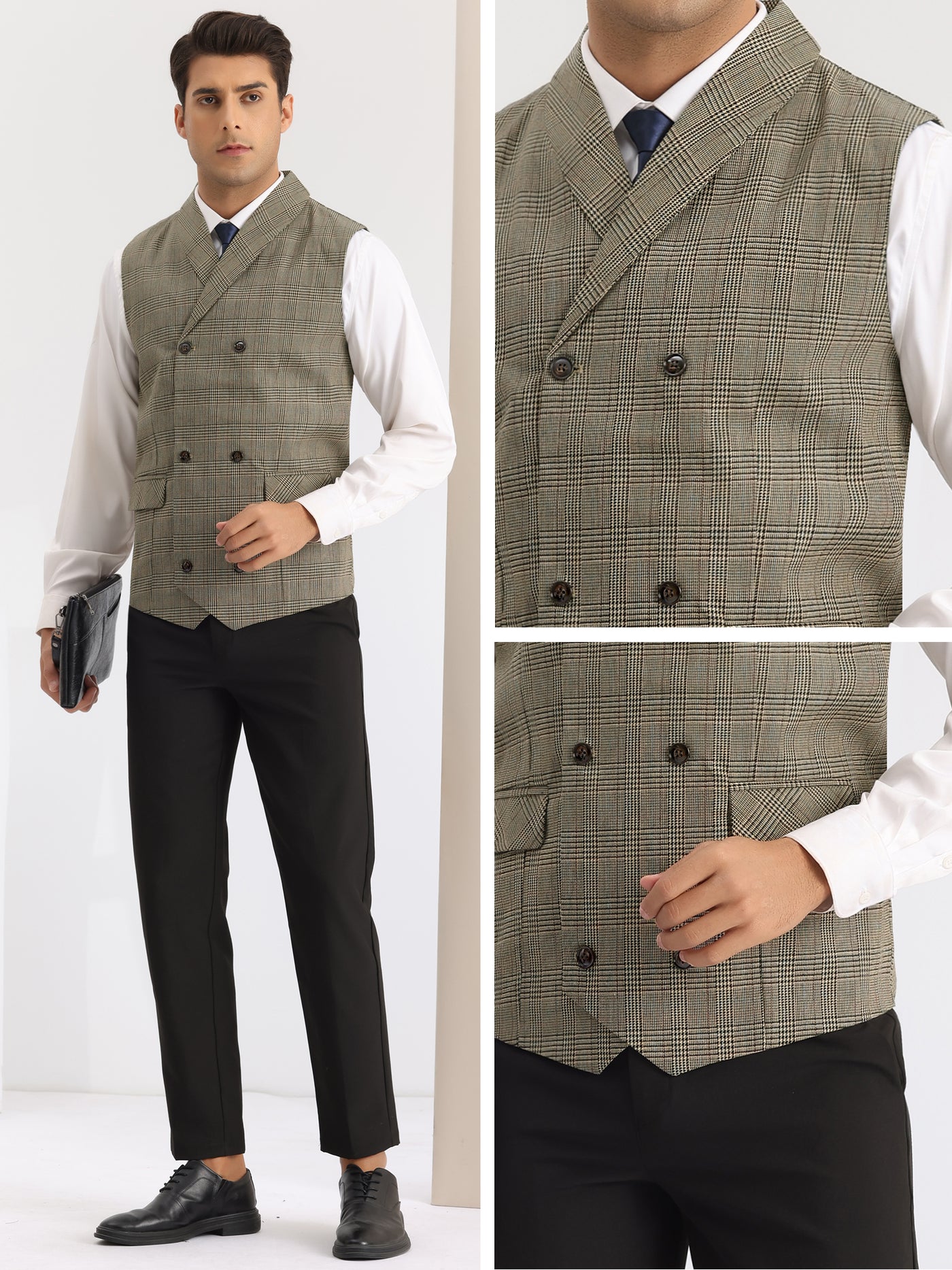 Bublédon Plaid Waistcoat for Men's Slim Fit Shawl Lapel Double Breasted Business Suit Vest