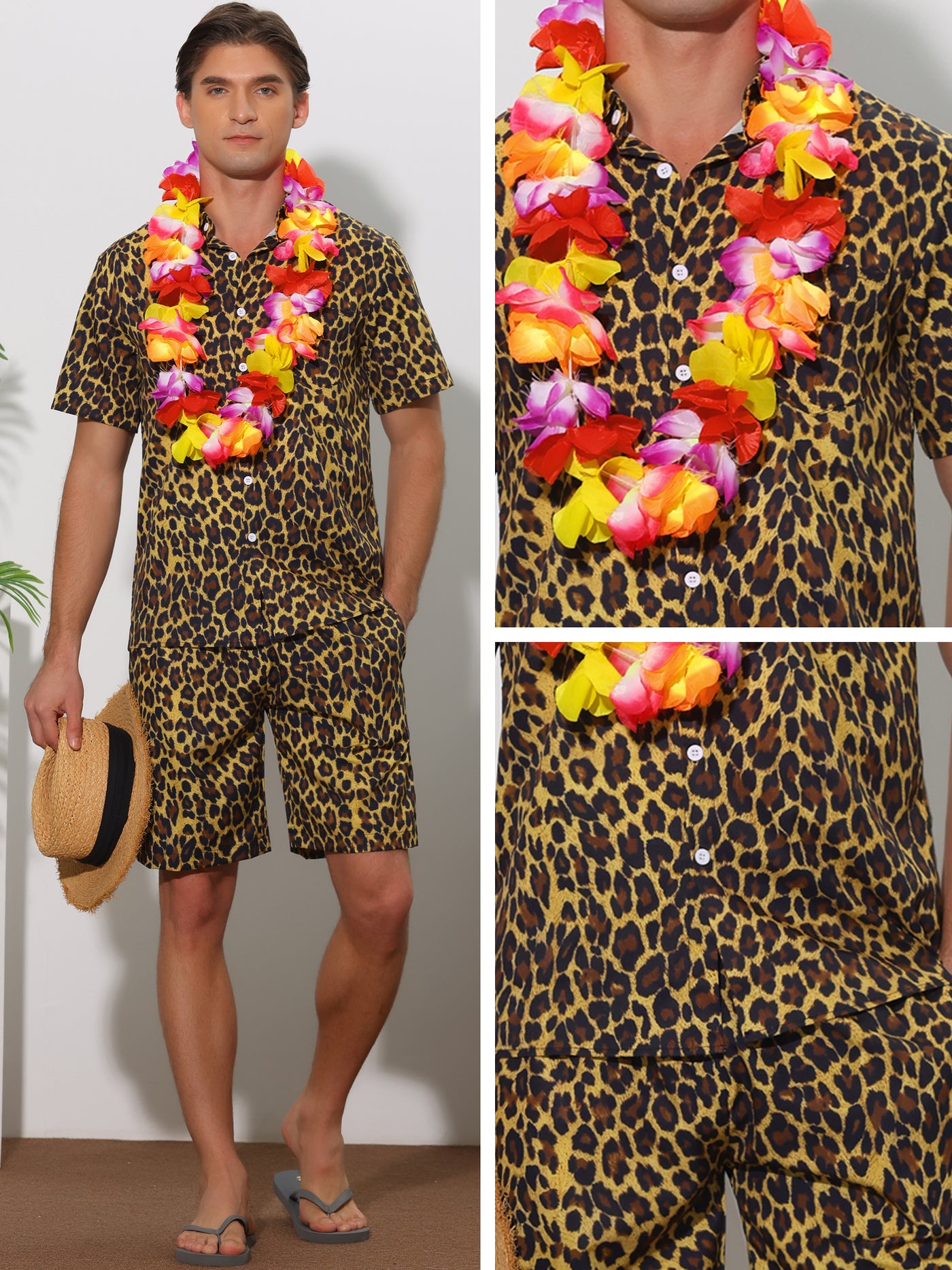 Bublédon Animal Printed Hawaiian Summer 2 Pieces Pattern Shirts and Shorts Sets
