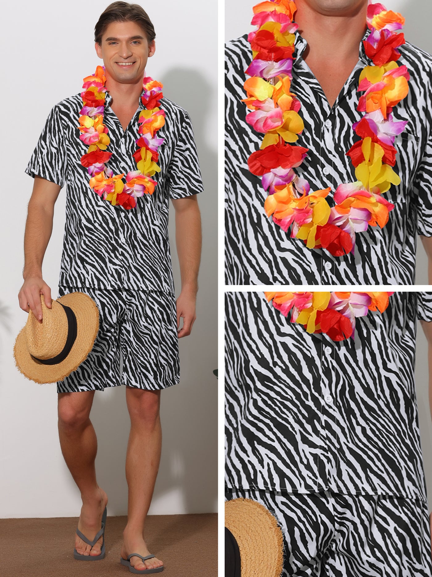 Bublédon Animal Printed Hawaiian Summer 2 Pieces Pattern Shirts and Shorts Sets