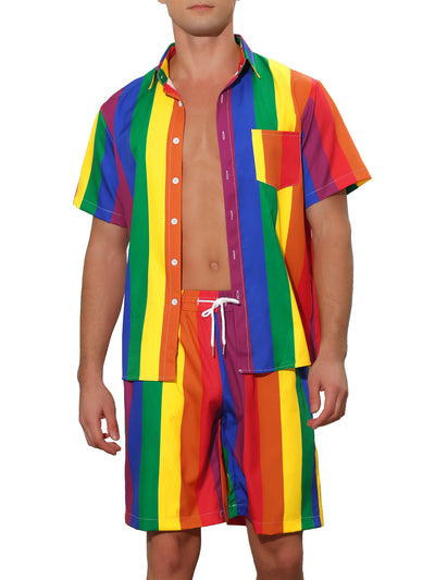 Rainbow Hawaiian 2 Pieces Vacation Beach Shirt and Shorts Sets