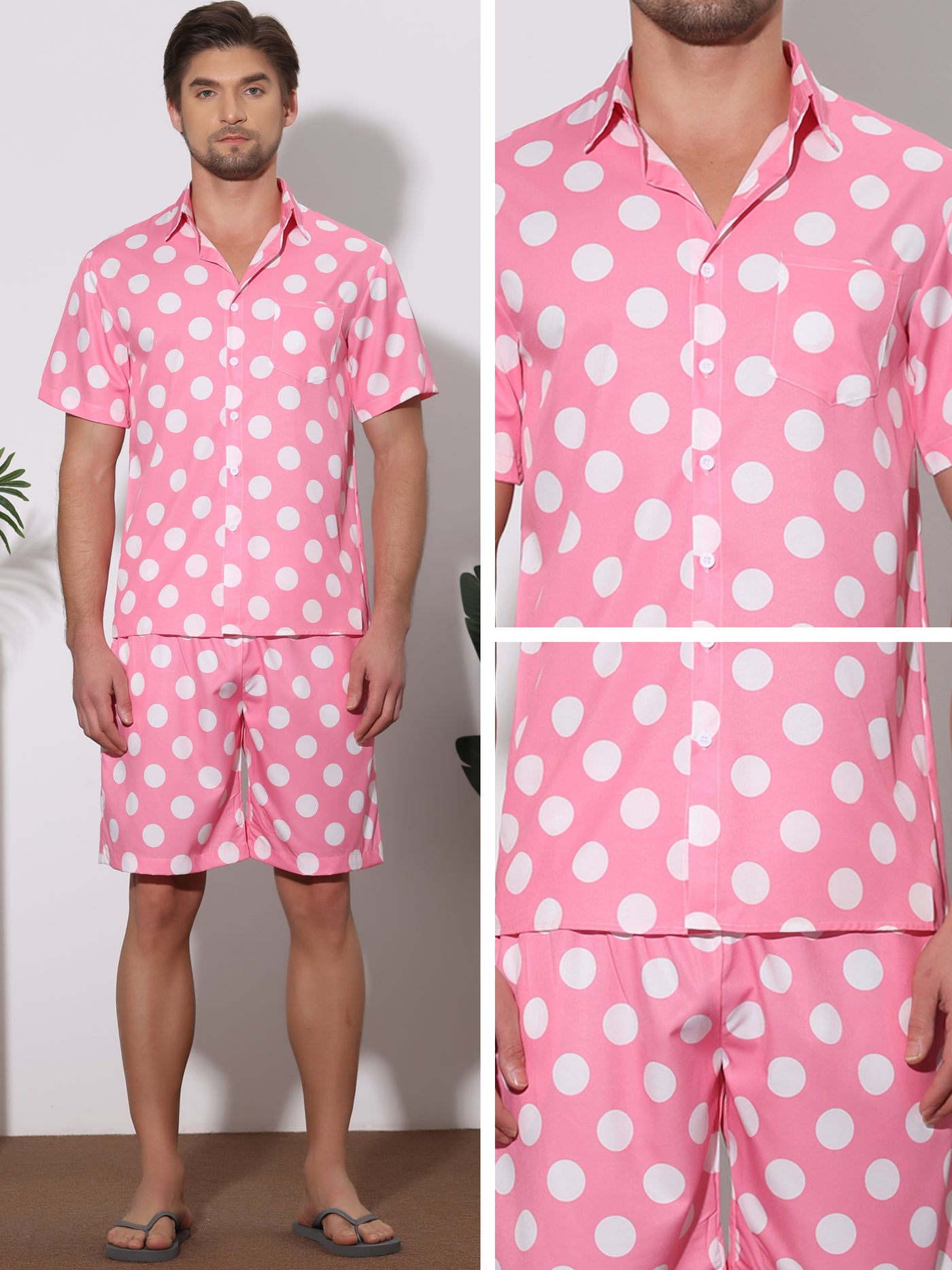 Bublédon Polka Dots Hawaiian Sets for Men's Short Sleeves Shirts Shorts Summer 2 Pieces Set