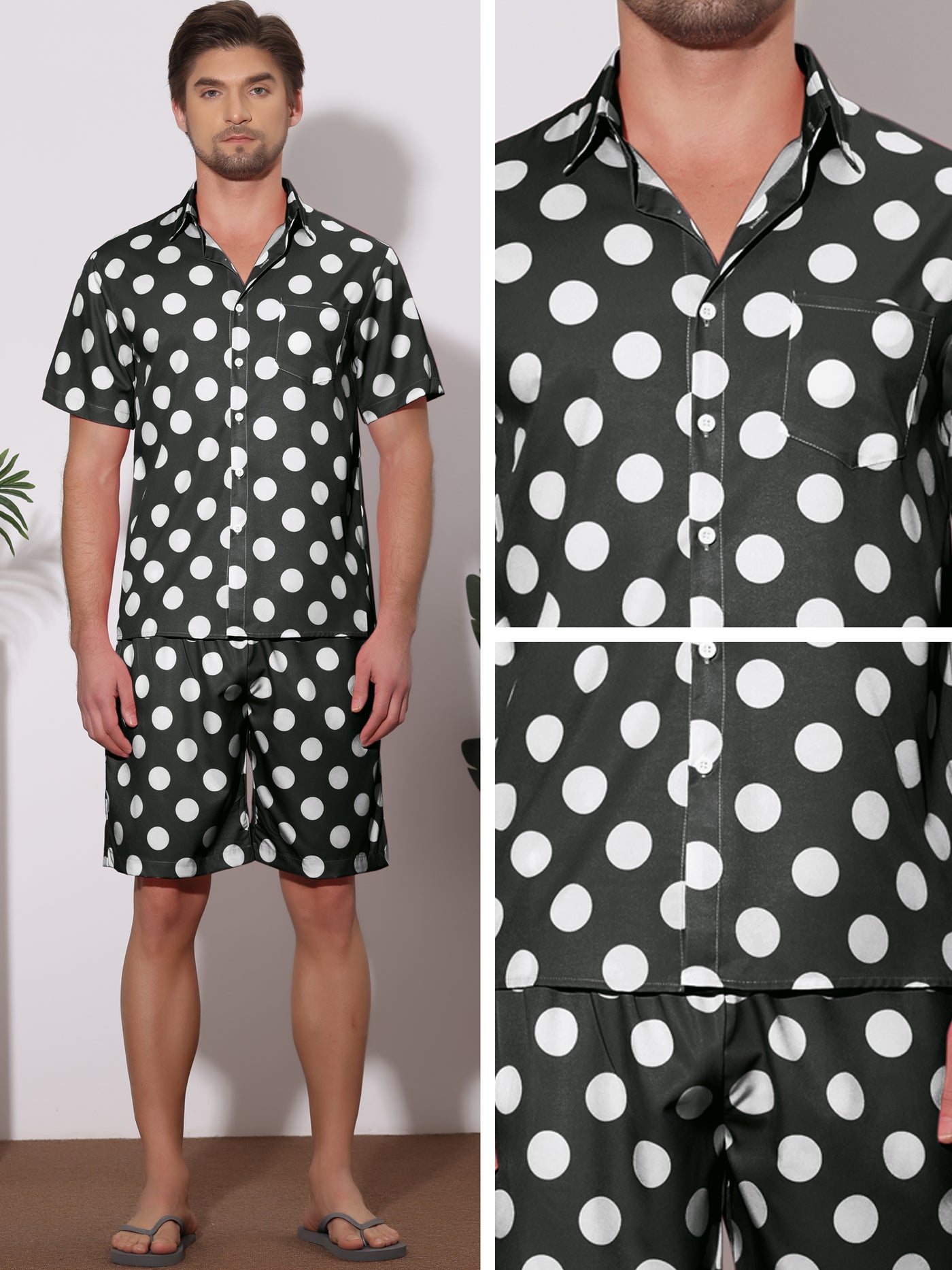 Bublédon Polka Dots Hawaiian Sets for Men's Short Sleeves Shirts Shorts Summer 2 Pieces Set
