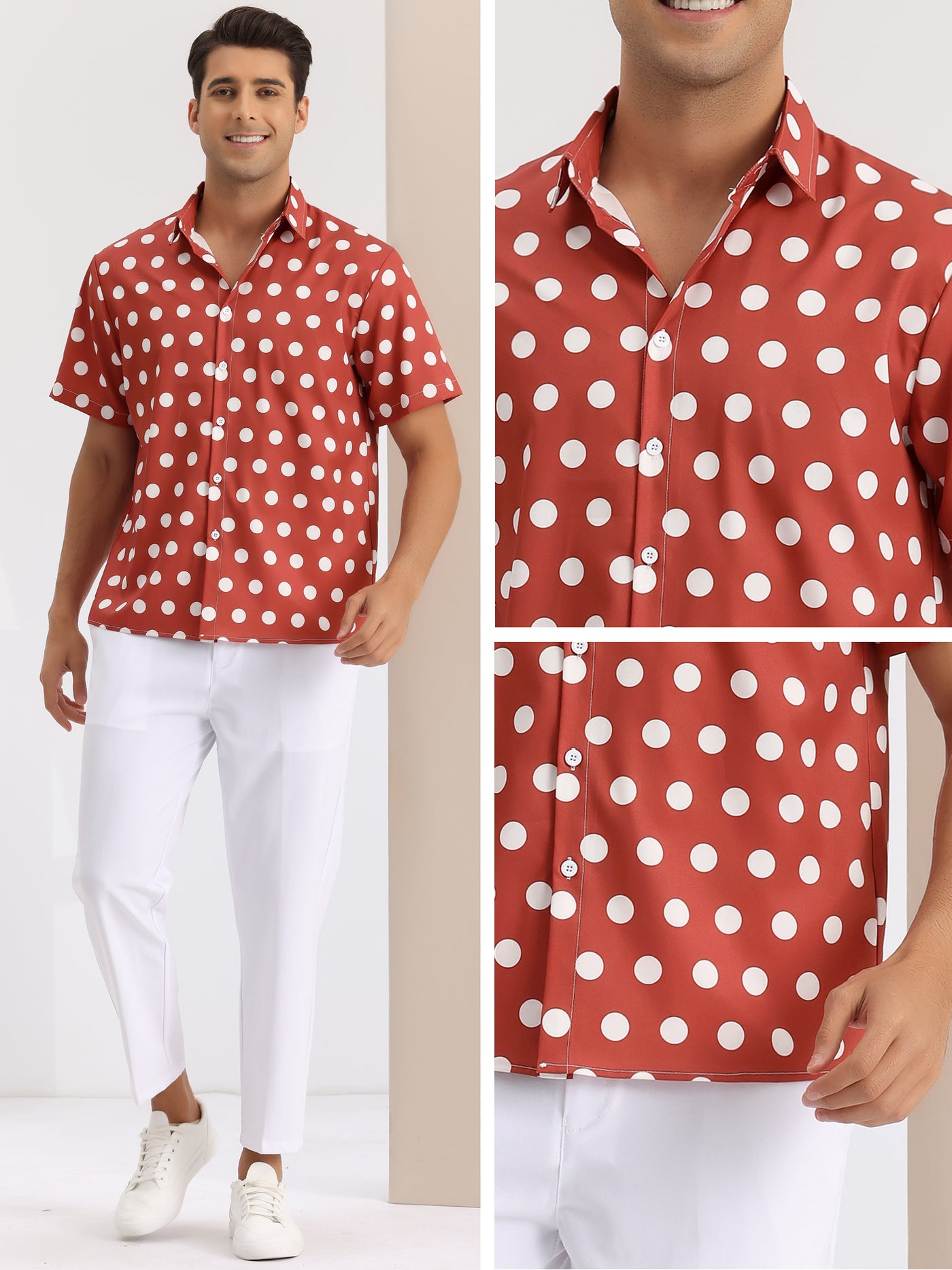 Bublédon Summer Polka Dots Shirts for Men's Short Sleeves Color Block Beach Shirt