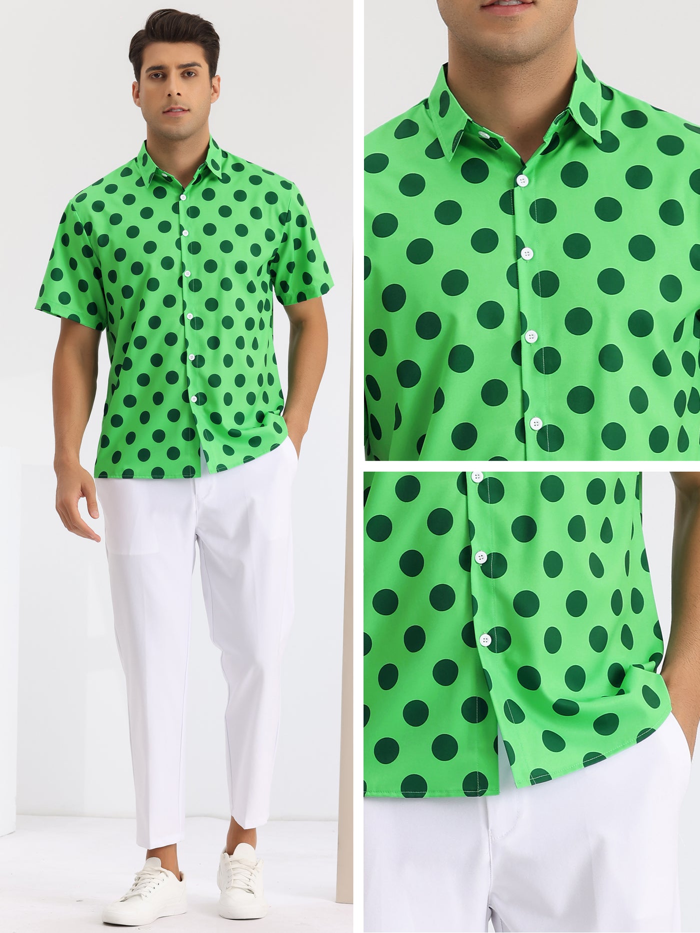 Bublédon Summer Polka Dots Shirts for Men's Short Sleeves Color Block Beach Shirt