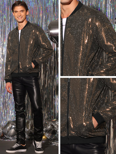 Men's Sequin Varsity Zip Up Long Sleeves Party Disco Sparkle Bomber Jacket