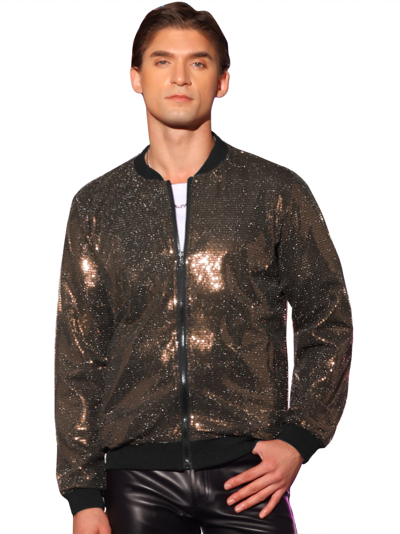 Bublédon Men's Sequin Varsity Zip Up Long Sleeves Party Disco Sparkle Bomber Jacket