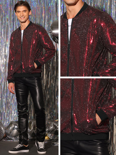 Men's Sequin Varsity Zip Up Long Sleeves Party Disco Sparkle Bomber Jacket