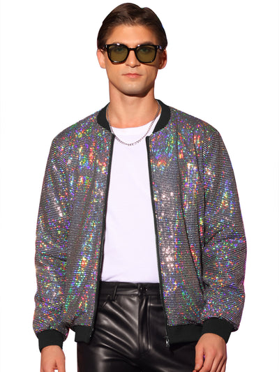 Bublédon Men's Sequin Varsity Zip Up Long Sleeves Party Disco Sparkle Bomber Jacket