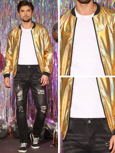 Men's Holographic Metallic Varsity Zip Up Long Sleeves Shiny Bomber Jacket