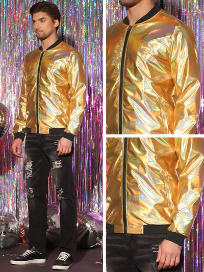 Men's Holographic Metallic Varsity Zip Up Long Sleeves Shiny Bomber Jacket