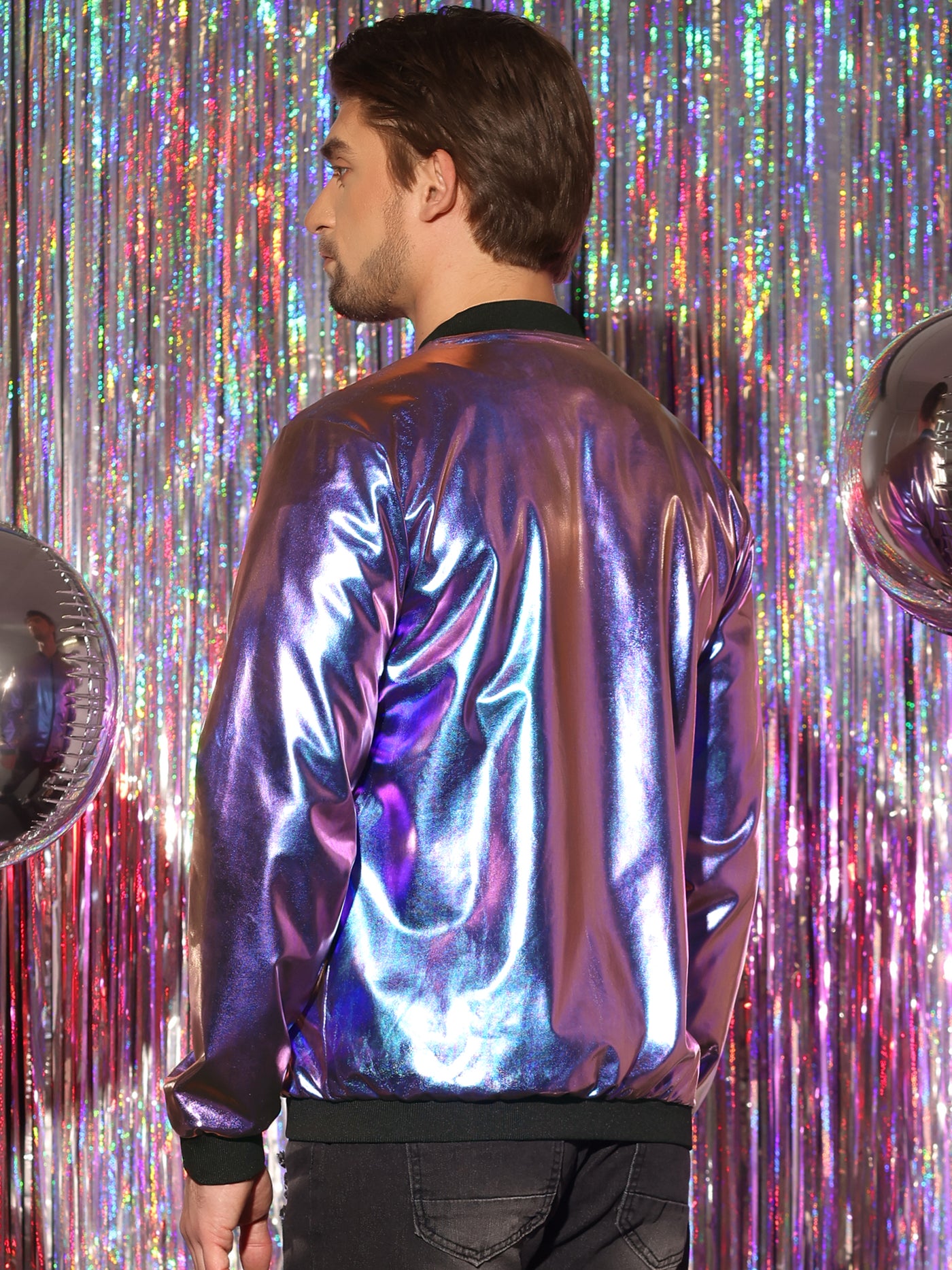 Bublédon Men's Holographic Metallic Varsity Zip Up Long Sleeves Shiny Bomber Jacket