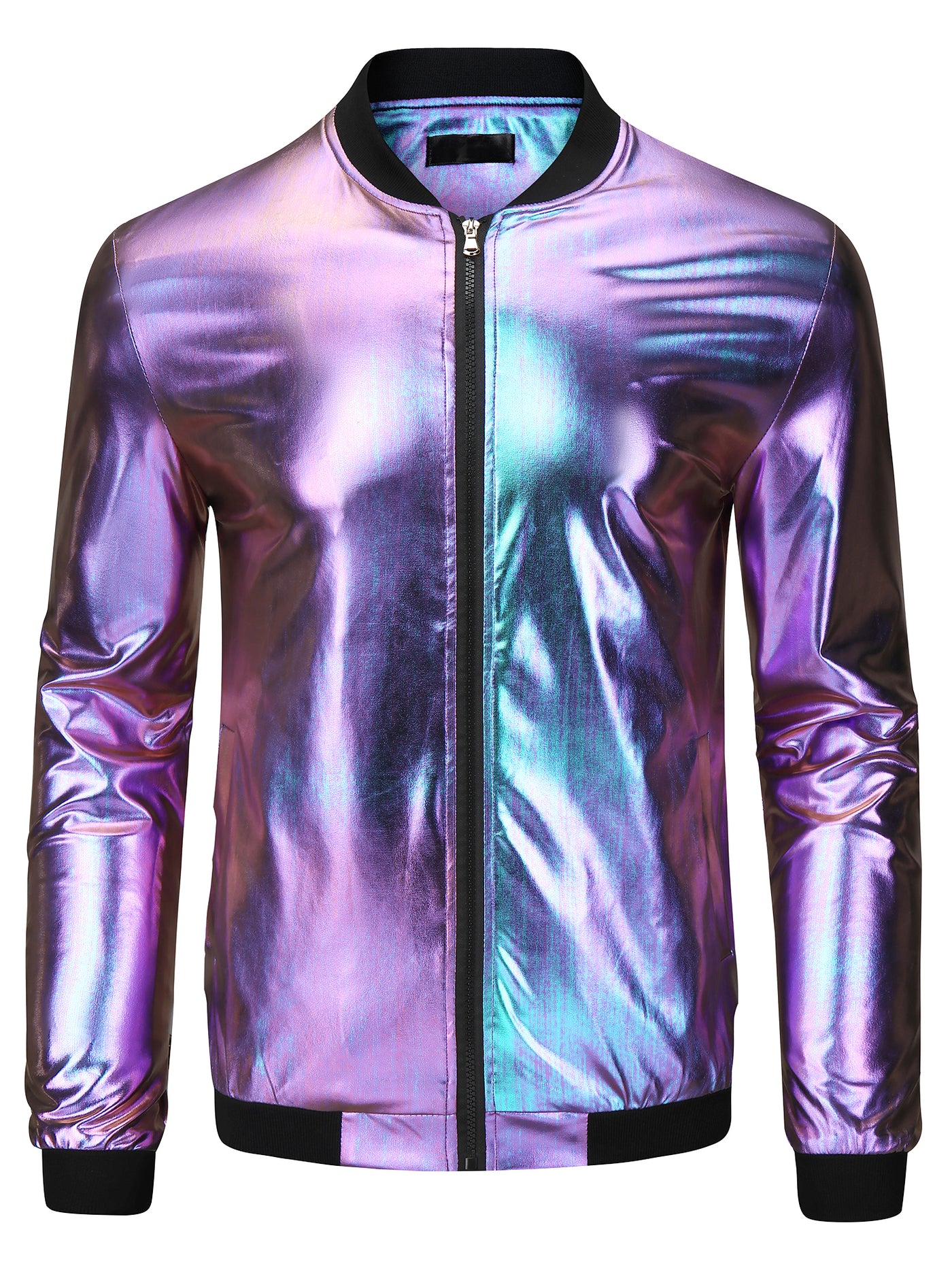 Bublédon Men's Holographic Metallic Varsity Zip Up Long Sleeves Shiny Bomber Jacket