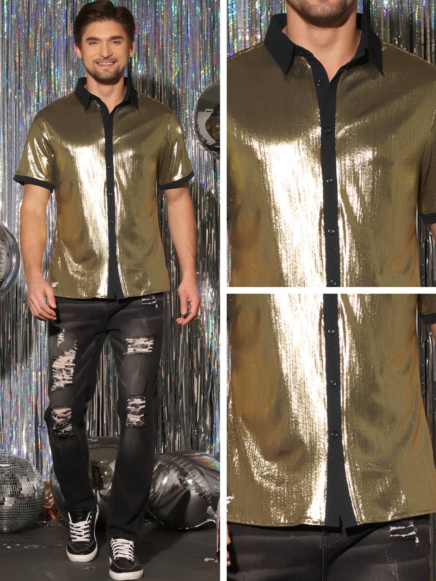 Bublédon Disco Metallic Shirt for Men's Short Sleeves Button Down Nightclub Party Shiny Shirts