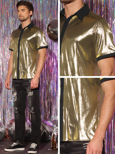 Disco Metallic Shirt for Men's Short Sleeves Button Down Nightclub Party Shiny Shirts